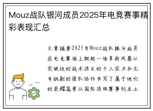 Mouz战队银河成员2025年电竞赛事精彩表现汇总