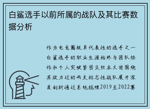 白鲨选手以前所属的战队及其比赛数据分析