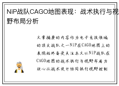NiP战队CAGO地图表现：战术执行与视野布局分析